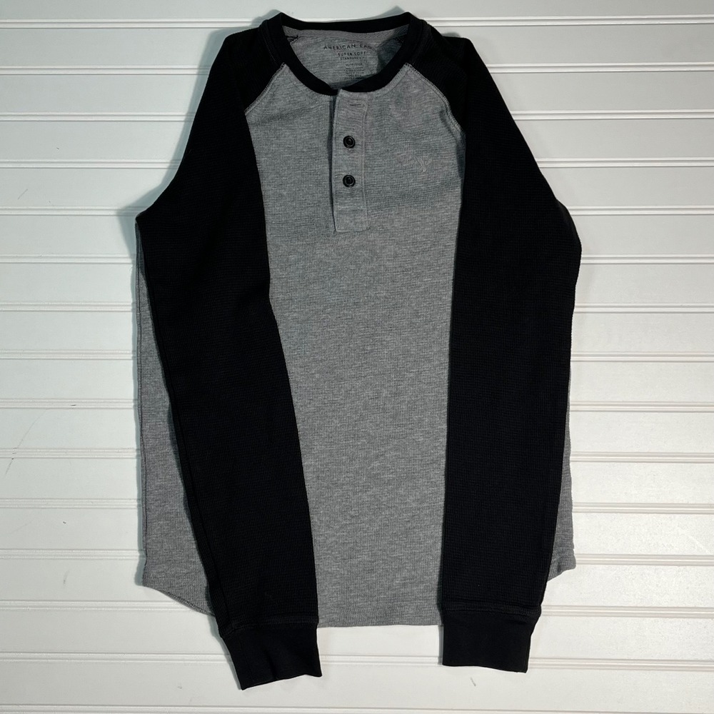 Kids American Eagle Outfitters Gray Black Long Sleeve Thermal Henley Shirt Sz XS